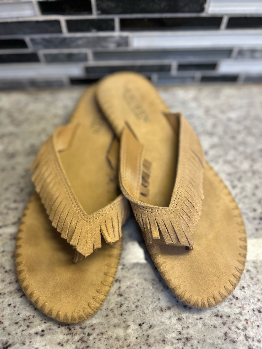 Lauren Ralph Lauren Fringe Suede Thong Sandals - Tan size 6
